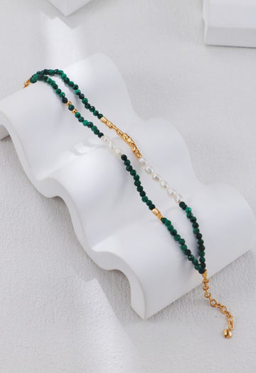 Celestial Harmony Silver Vintage Malachite & Natural Pearls Necklace