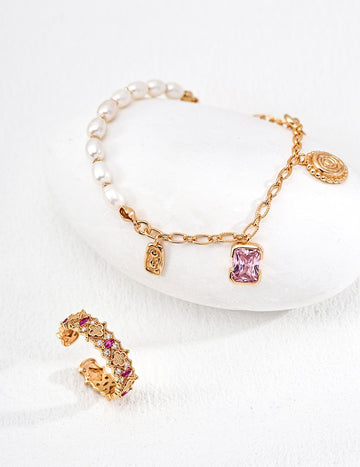 Lustre de Lune Bracelets with Vintage Natural Pearl and Zircon