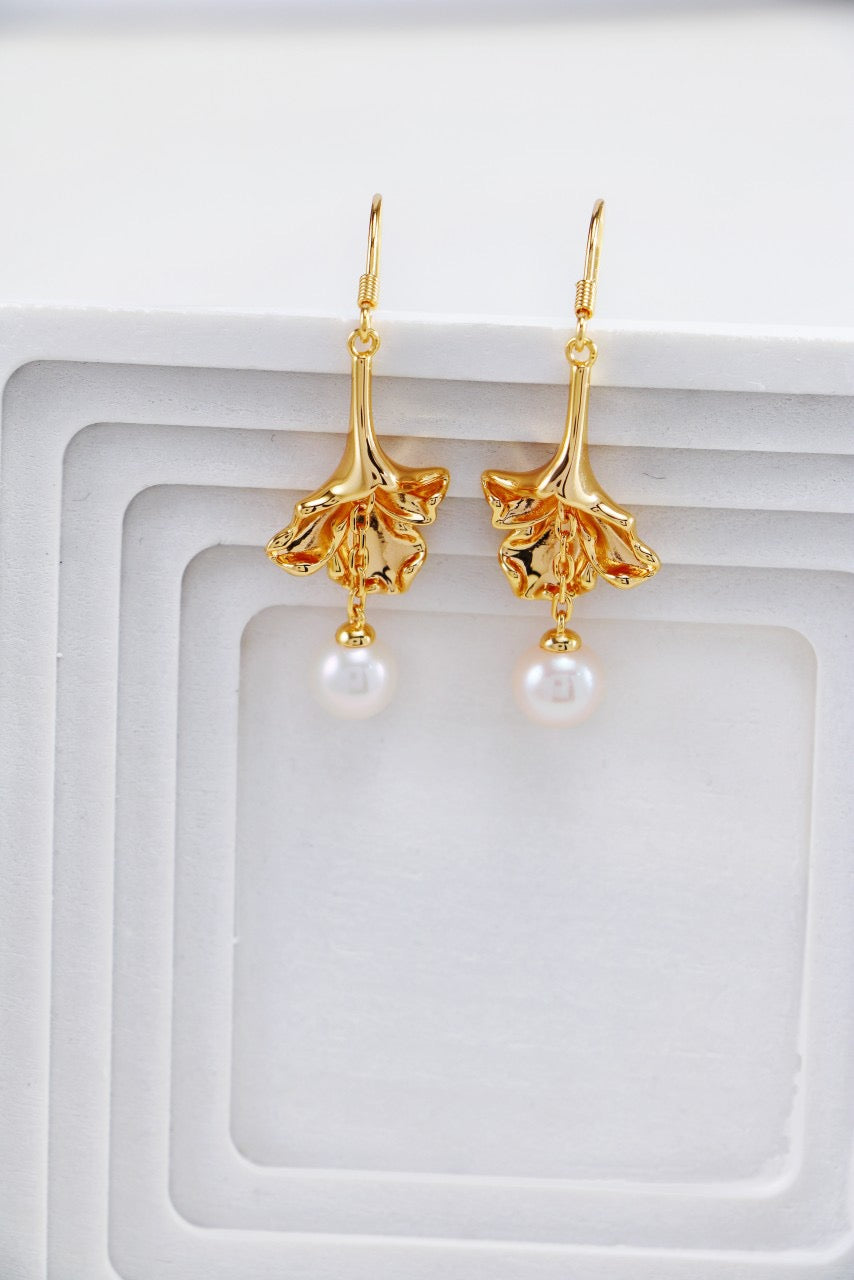 Ocean Wave Silver Natural Pearl Earring Vintage Gold