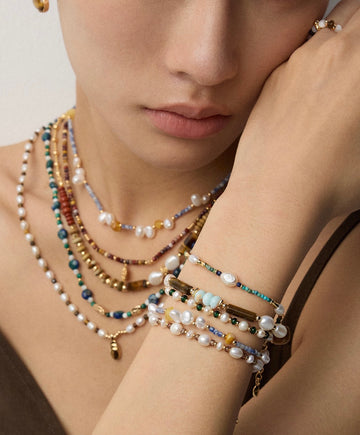 Essence Duo Silver Vintage Natural Pearl Necklace - Lapis Lazuli & Turpuoise