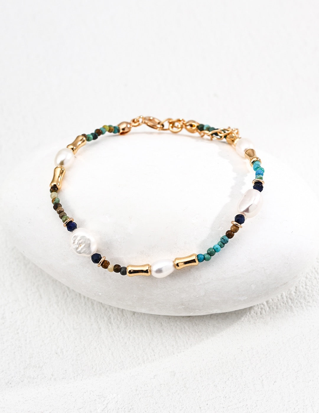 Essence Duo Silver Vintage Natural Pearl Bracelet - Lapis Lazuli & Turpuoise