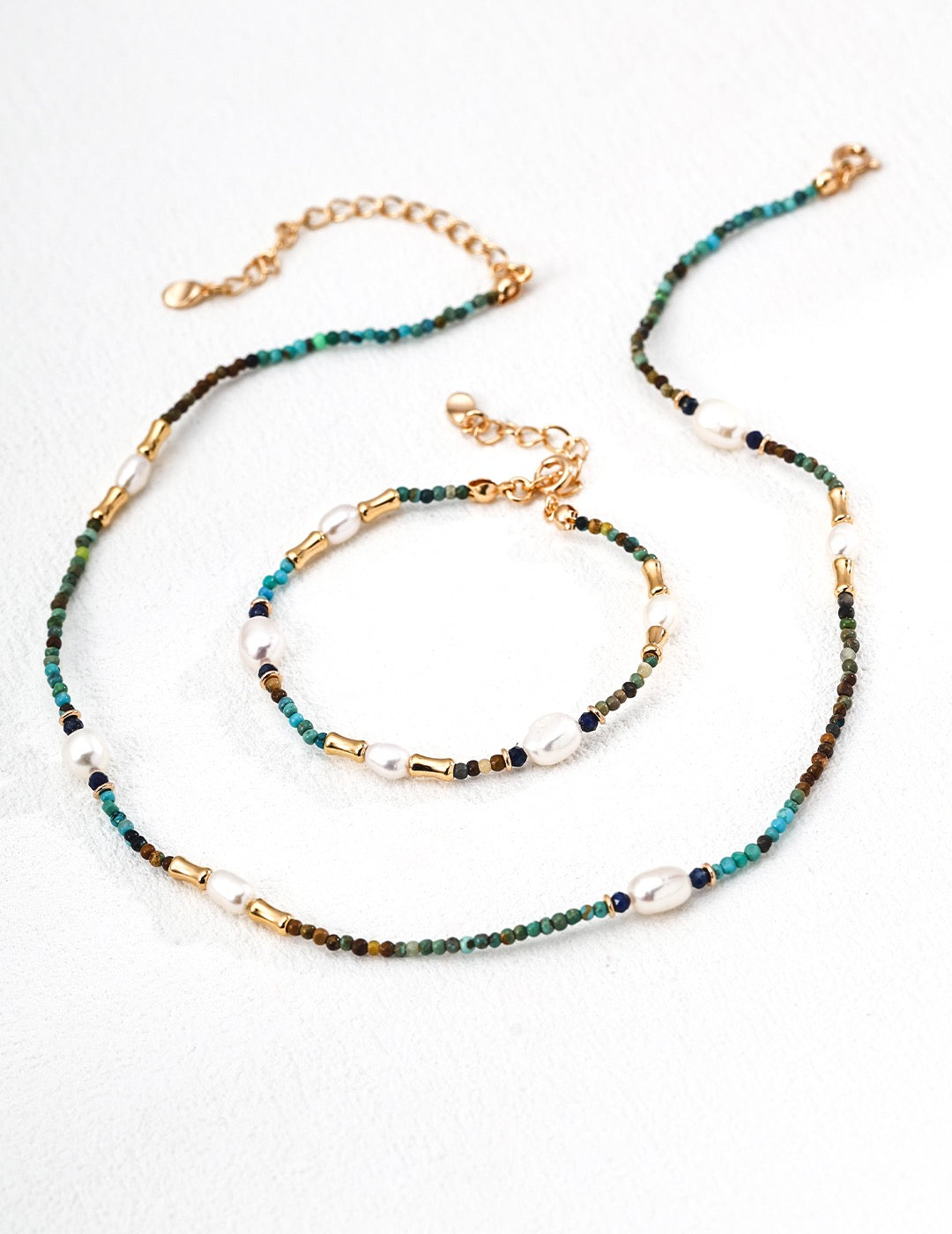 Essence Duo Silver Vintage Natural Pearl Necklace - Lapis Lazuli & Turpuoise