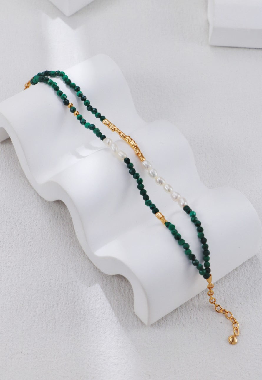 Celestial Harmony Silver Vintage Malachite & Natural Pearls Necklace