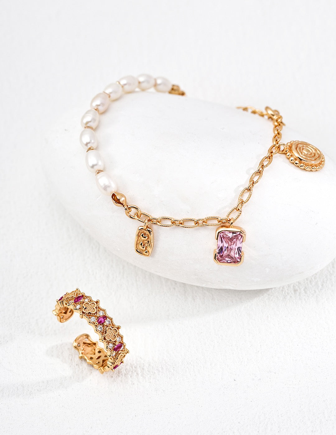 Lustre de Lune Bracelets with Vintage Natural Pearl and Zircon